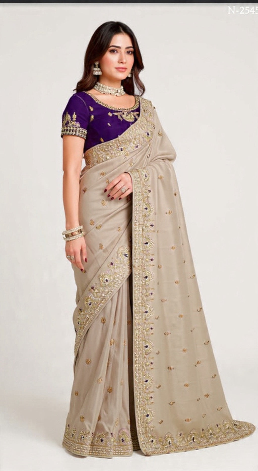 Gray Saree with Gold Embroidery and Purple Blouse - Pooja Textile