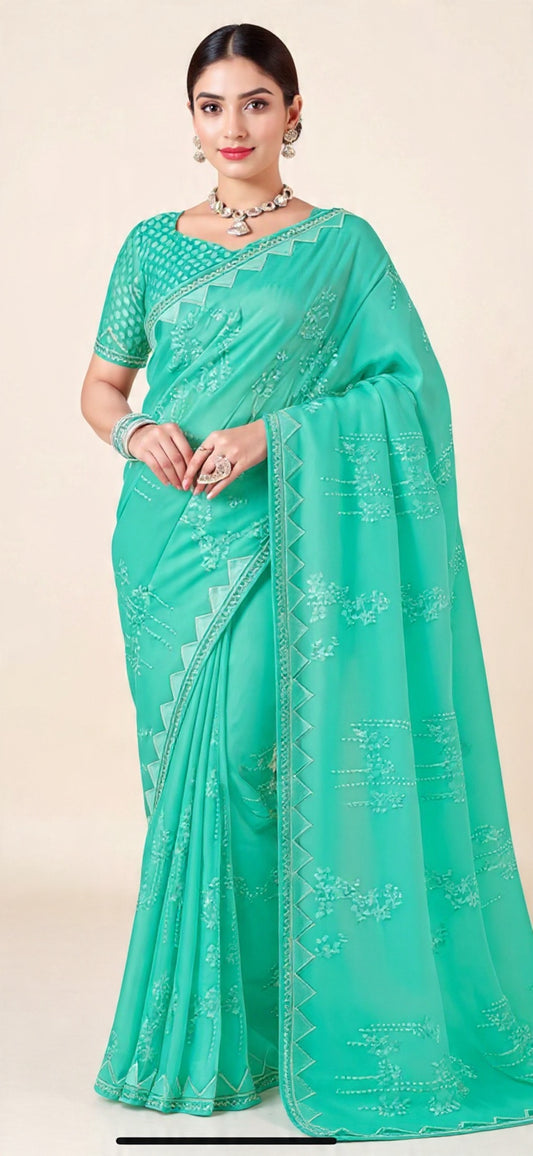 Green Saree with White Border and Embroidery Work - Pooja Textile