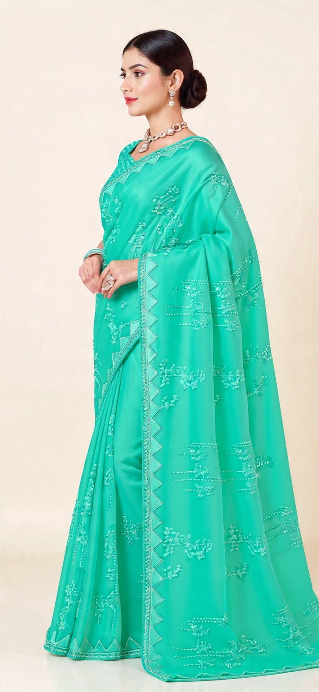 Green Saree with White Border and Embroidery Work - Pooja Textile