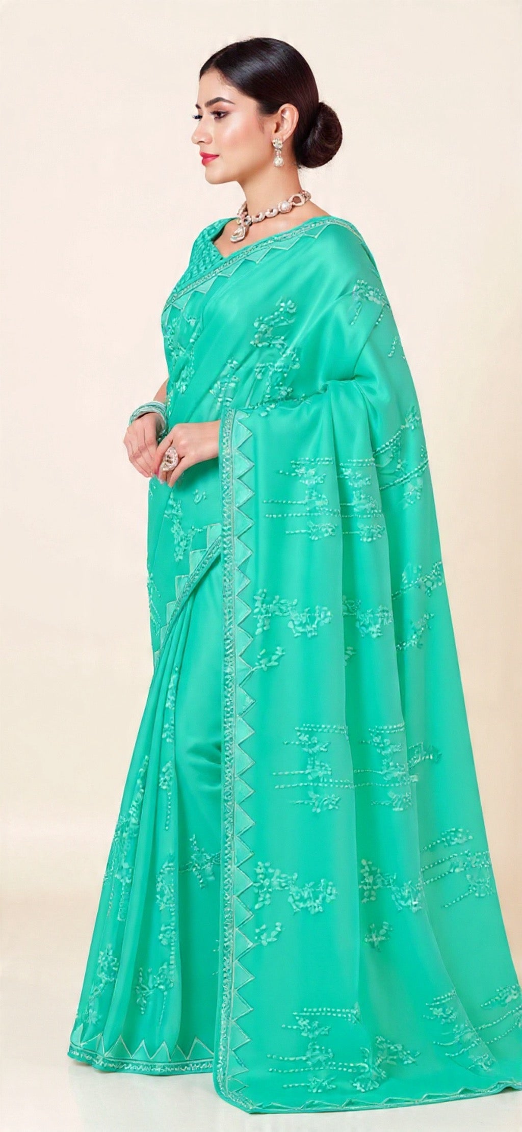 Green Saree with White Border and Embroidery Work - Pooja Textile
