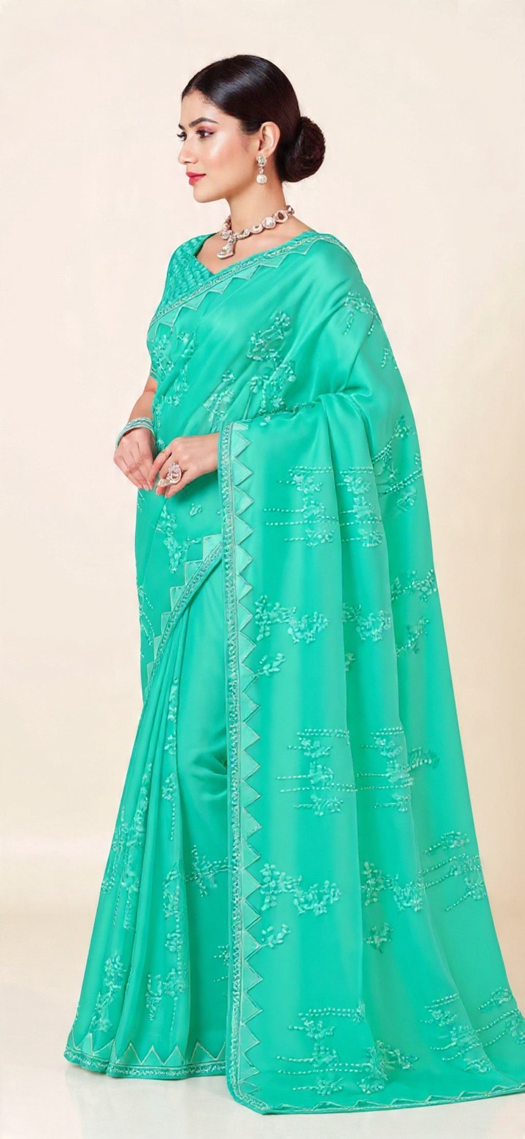 Green Saree with White Border and Embroidery Work - Pooja Textile