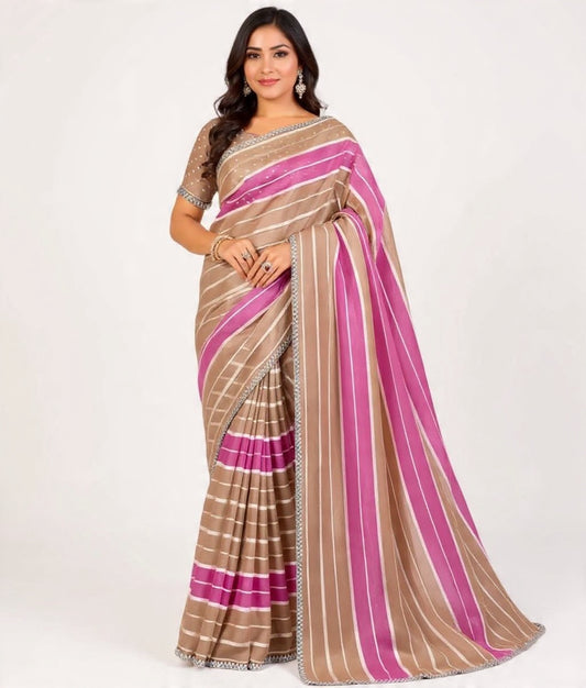Pink and Beige Striped Mix Fabric Saree - Pooja Textile