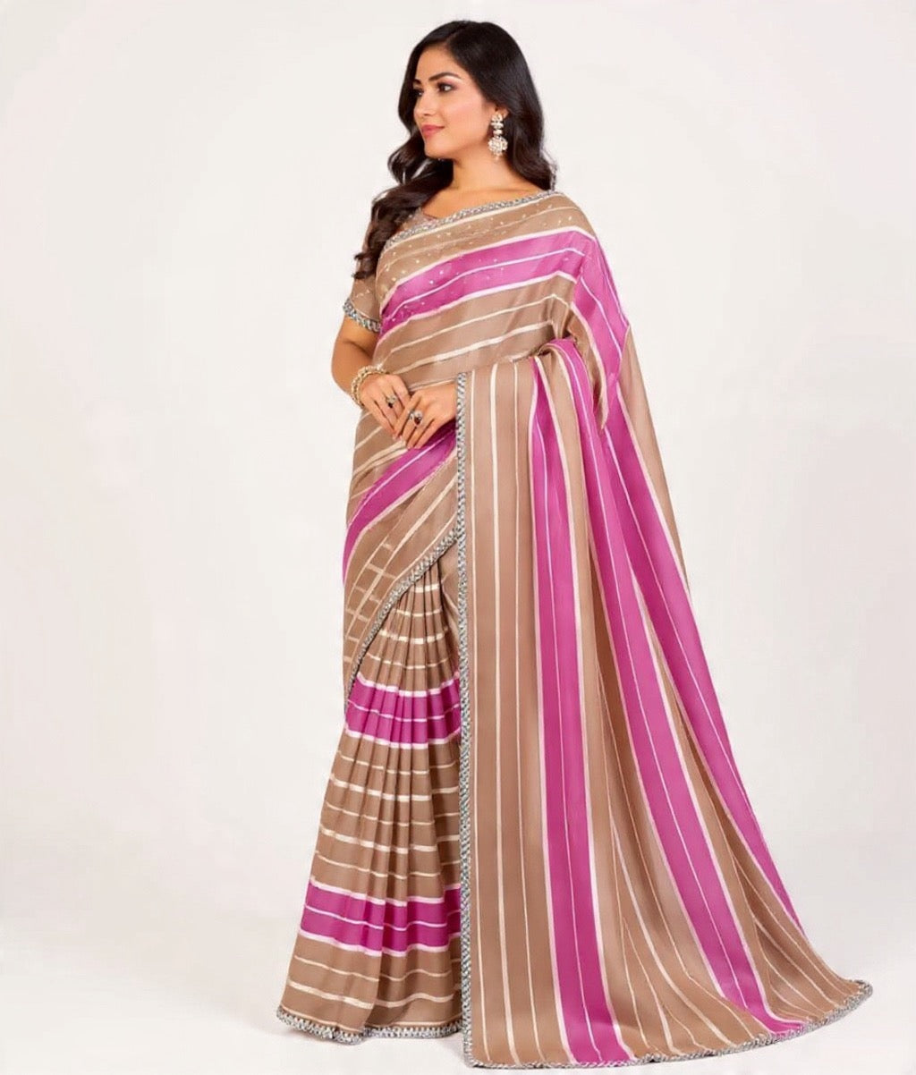 Pink and Beige Striped Mix Fabric Saree - Pooja Textile