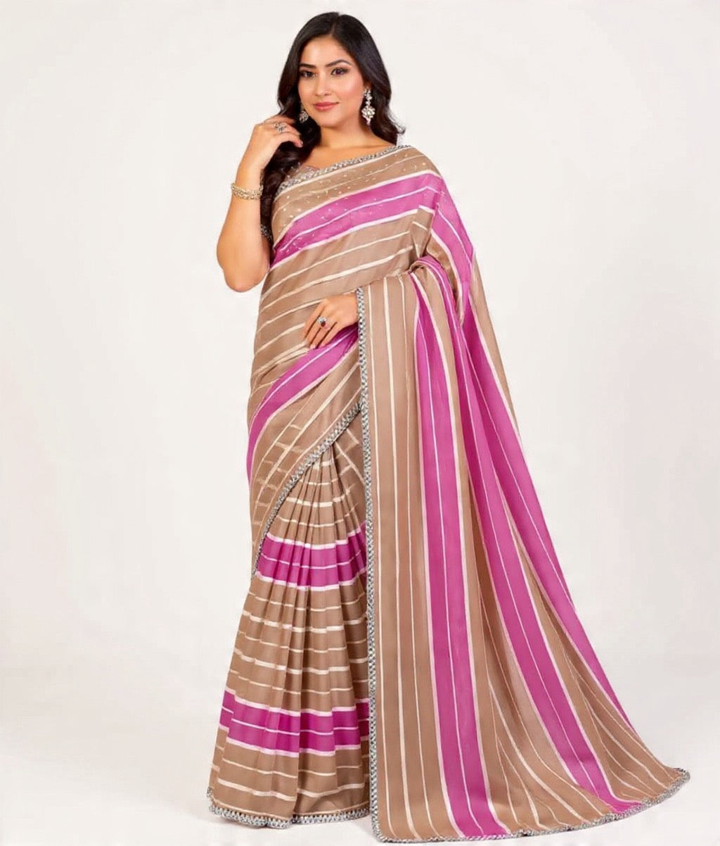 Pink and Beige Striped Mix Fabric Saree - Pooja Textile