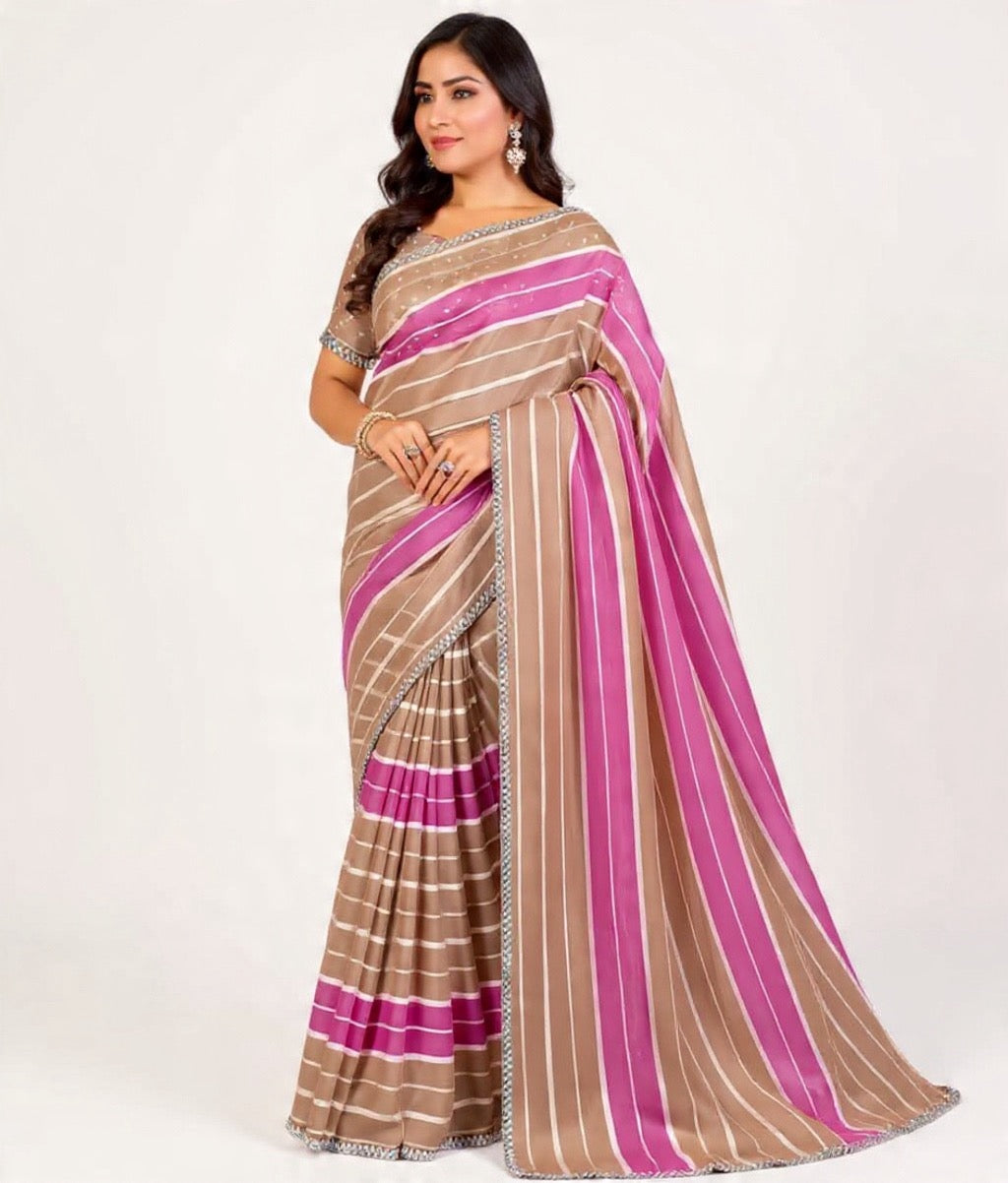 Pink and Beige Striped Mix Fabric Saree - Pooja Textile