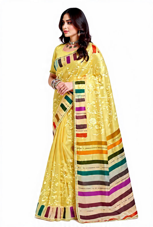 Yellow Saree with Colorful Stripes Embroidery Work Mix Fabric - Pooja Textile