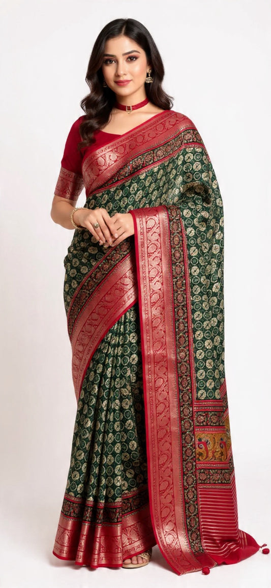 Green and Red Saree - Dola Silk with Weaving Work | Pooja Textile