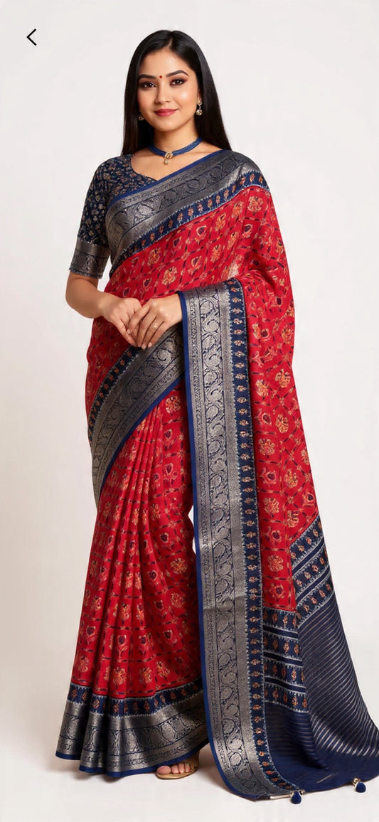 Red and Blue Saree - Dola Silk Fabric with Weaving Work | Pooja Textile
