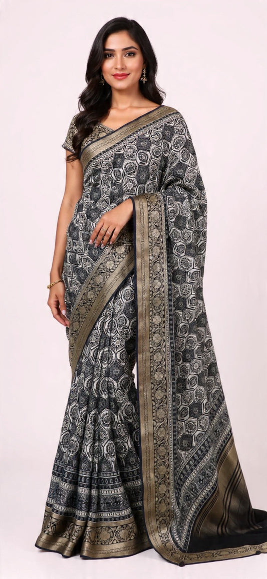 Black and White Patterned Saree - Viscos Dola Fabric Weaving Work | Pooja Textile