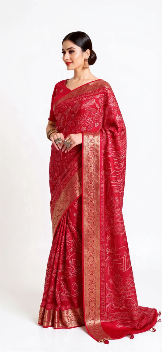 Red Saree with Gold Border - Russian Chit Pallu Weaving Work | Pooja Textile