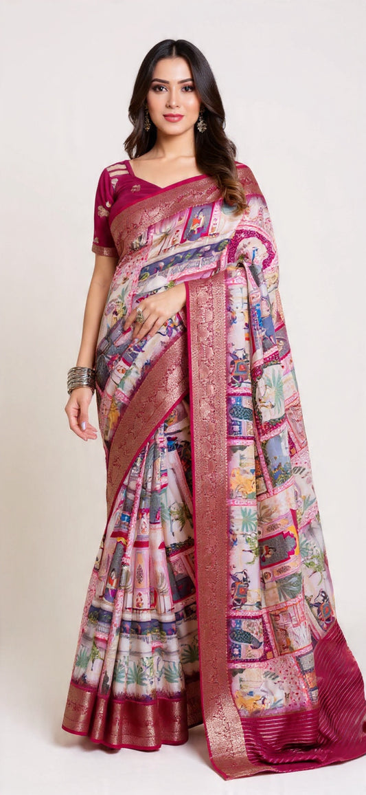 Colorful Russian Chit Pallu Saree with Foil Print Work - Pooja Textile