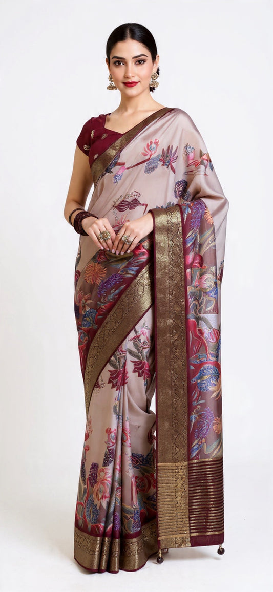 Floral Pattern Saree - Viscos Dola Fabric with Foil Print Work | Pooja Textile