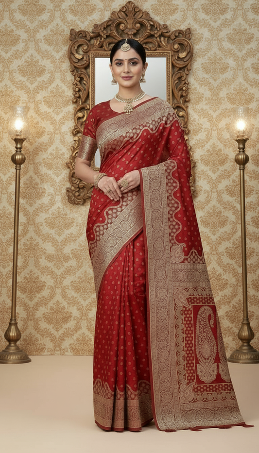 Elegant Banarsi Silk Saree - Traditional Handwoven with Gold Zari
