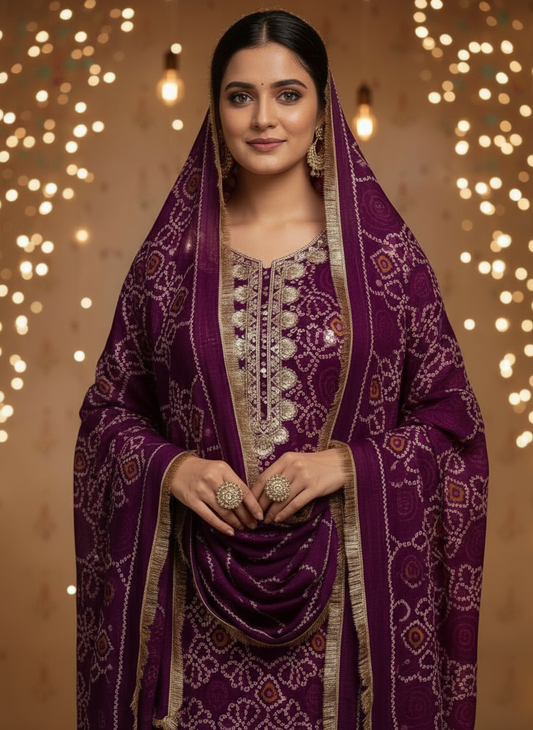 Purple colour Bandhani suit set 3pcs