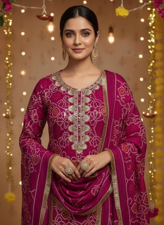 Magenta Bandhani suit set 3pcs