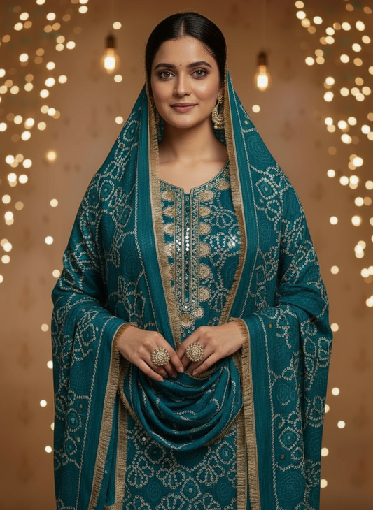Teal Colour Bandhani suit set