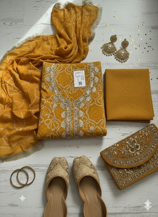 Mustered Bandhani suit set 3pcs