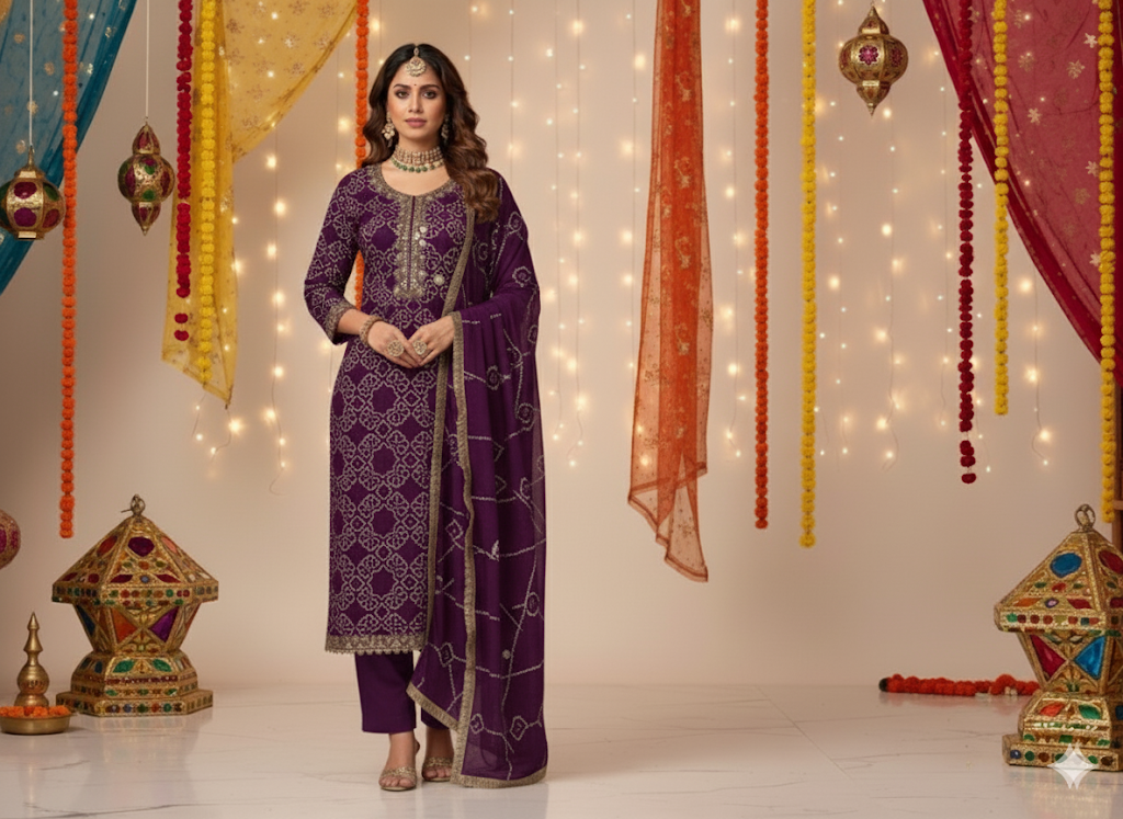Purple colour Bandhani suit set 3pcs