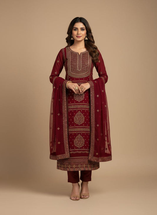 Premium Red Georgette Crunchi Fabric Dress Material - 3 Piece Set