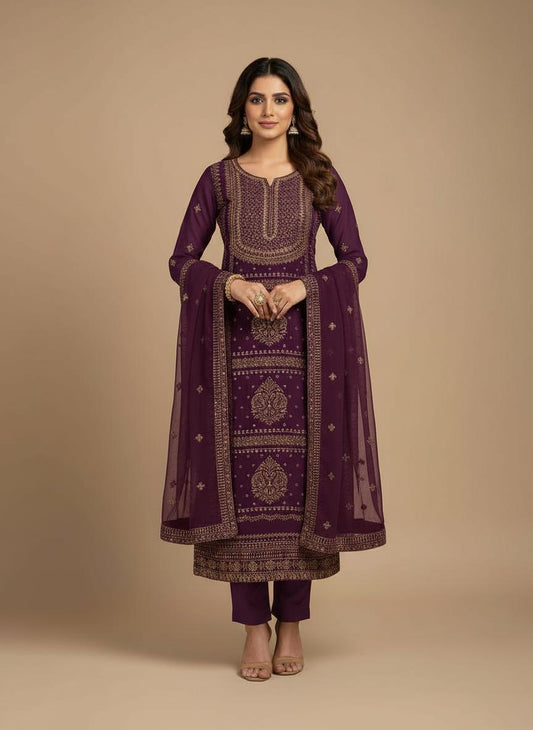 Premium purple Georgette Crunchi Fabric Dress Material - 3 Piece Set | Pooja Textile