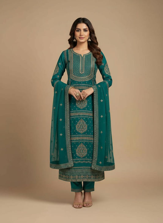 Teal Color Georgette Crunchi Dress Material - Premium Quality Fabric