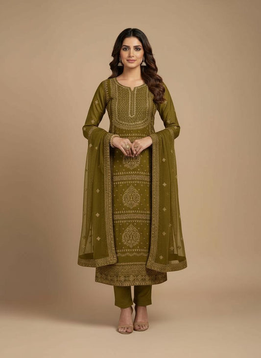 Mustered olive green Georgette Crunchy Dress Material - Premium Quality Fabric